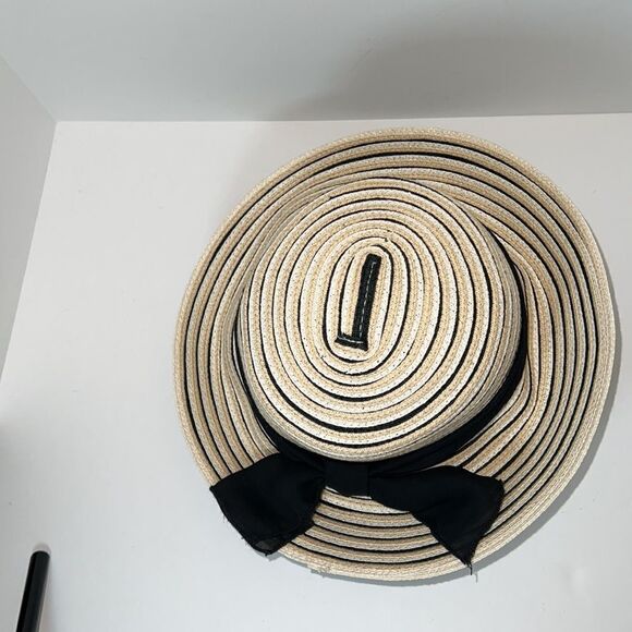 Preston & York Floppy Straw Sun Hat Black and Tan and Cream Striped - Picture 4 of 10